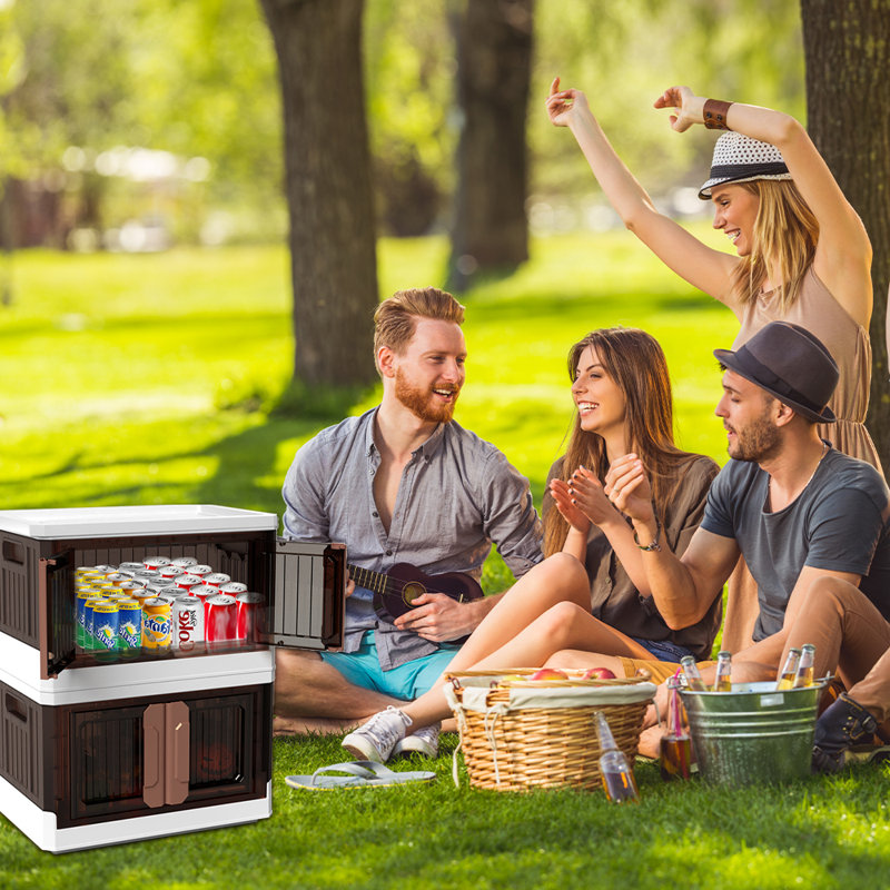 With lid,wheels and foldable stackable storage box, multifunctional storage box with door, 33.2qt., Brown/White