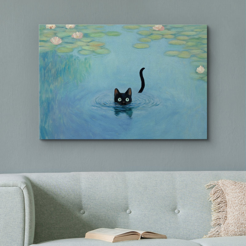 «Black Cat in Water», reproduction d'art sur toile - Décoration fantaisiste pour chambre d'enfant ou mur de galerie