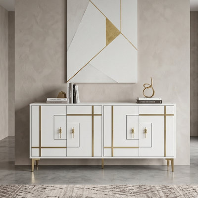 4-Door  Modern Sideboard With Gold/Silver Geometric Panel