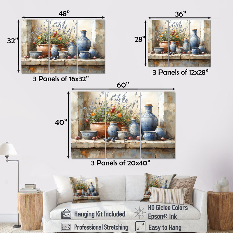 Bleu et vert Boho Pottery Rustic Charm - Ensemble de décoration murale Boho Pottery, H 28 po x l 36 po x P 1 po, Toile tendue