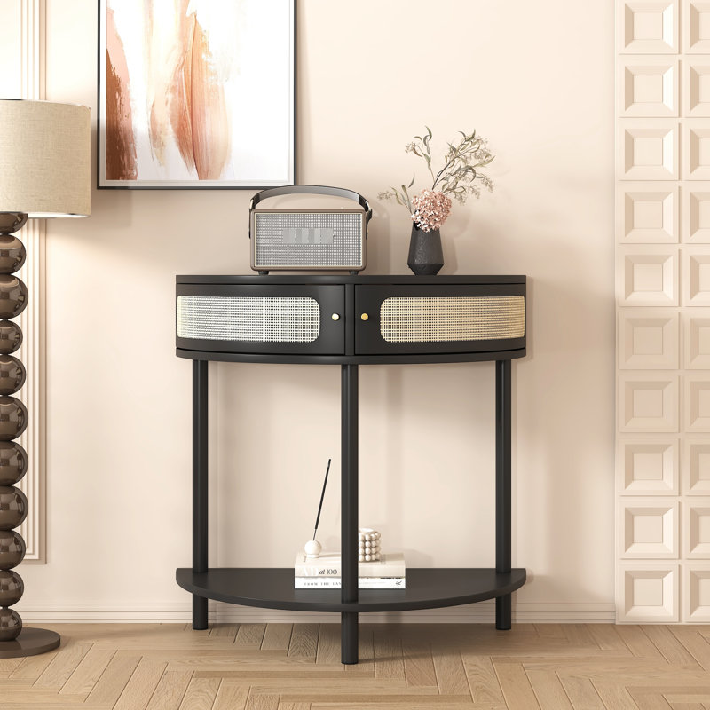 Table d'appoint demi-ronde avec portes et tablette triangulaire en bois, idéale pour la chambre à coucher ou le salon.