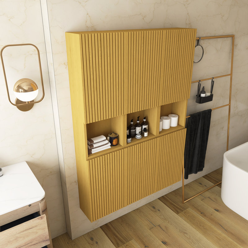 Armoire de salle de bain murale à rayures, avec portes, tablette et compartiment de rangement ouvert, couleur chêne doré