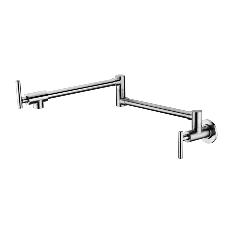 Wall Mount Pot Filler Faucet In Brushed Nickel - Folding Feature, 360 Rotation, Quality Brass, Double Handles For Controlled Water Discharge, Corrosion Surface Coating Style, Rotatable, Seamless Flow