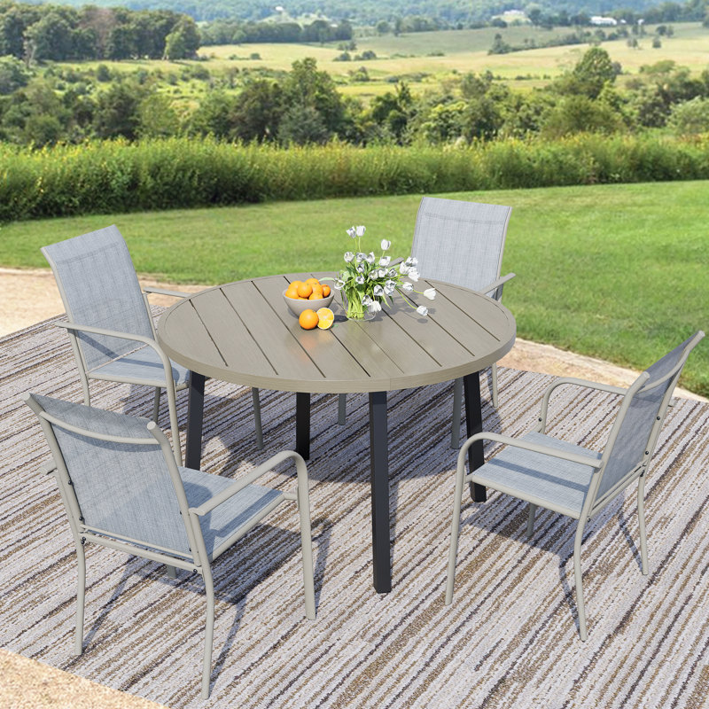 5-Piece Outdoor Dining Set, Round Metal Table With 4 Beige Chairs, Teak Patio Table With Umbrella Hole For Garden, Yard, Patio
