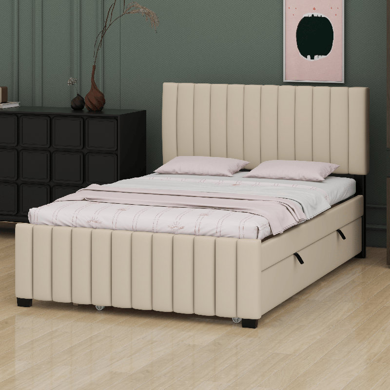 Lit plateforme tapissier en velours, Beige