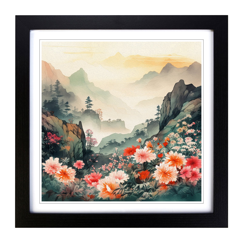Japanese Mountains Floral No.1 - Framed Print, Black