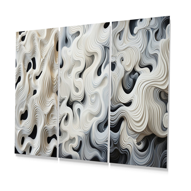 Monochromes Op Art vagues noires et blanches - spirales abstraites en métal, ensemble de 3, H 28 po x l 36 po