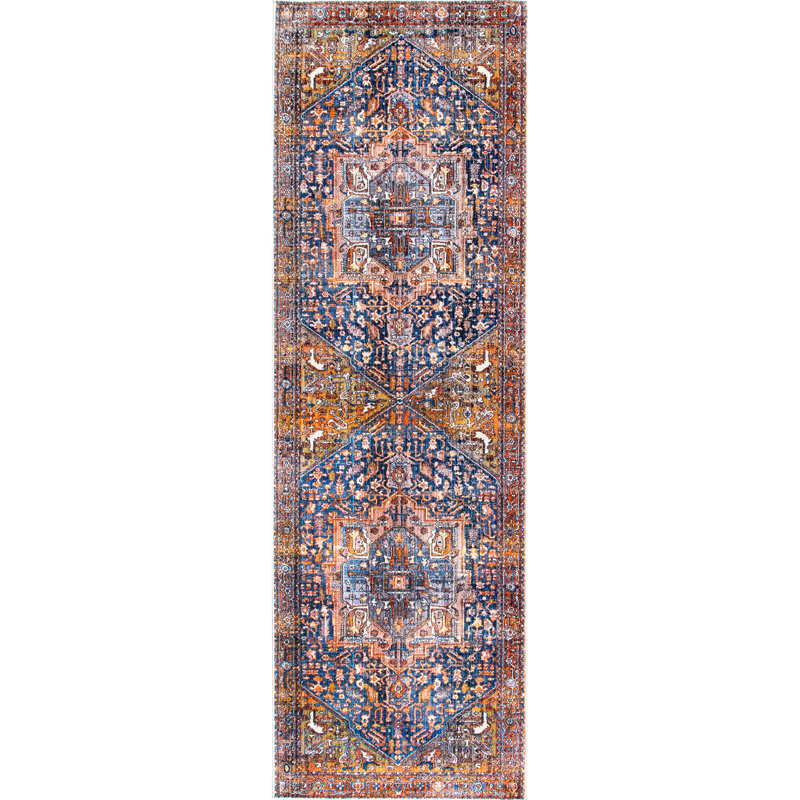 Tapis oriental traditionnel rouille, brique et bleu marine à motif de médaillon Windmere, Tapis de couloir 2 pi 6 po x 12 pi