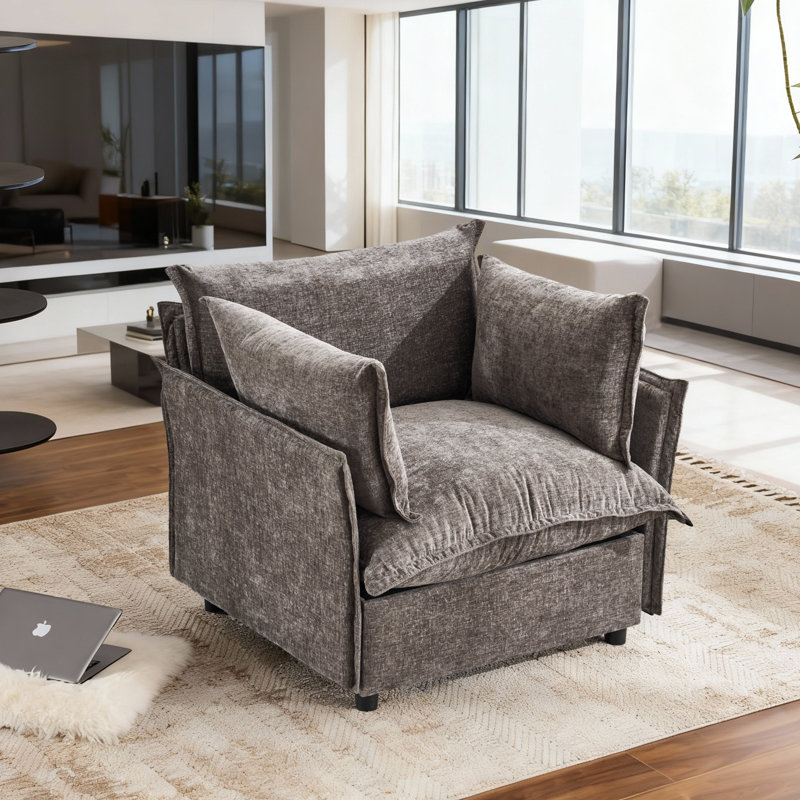 Chenille Upholstered Skirted Arm Chair Accent Chair  With Thin Arms For Living Room, Dark Brown