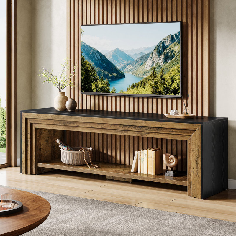 Meuble télé 70 po avec tablettes ouvertes, console rustique brune et noire, Brun rustique