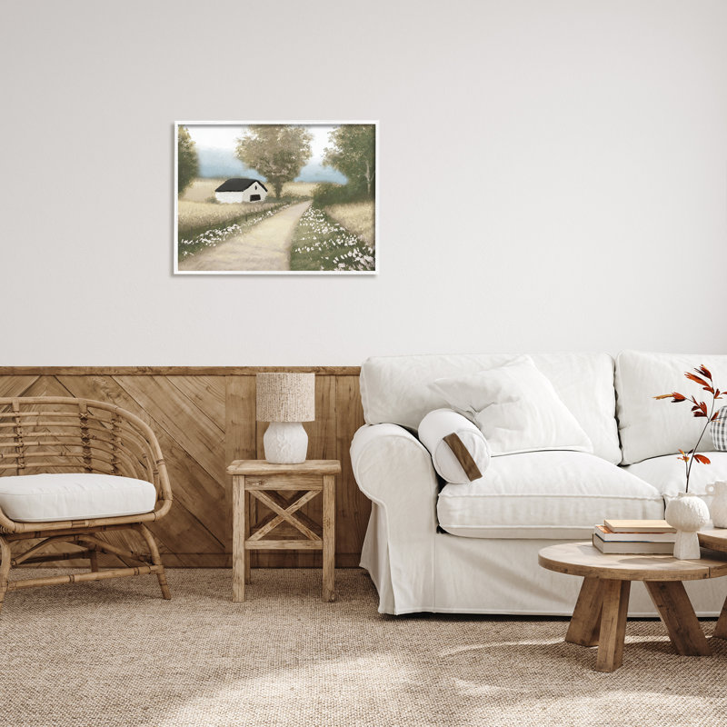 «Subtle Cottage Path» encadré sur bois par Michael Macron, Cadre flottant métallique doré, H 24 po x l 30 po x P 1,5 po