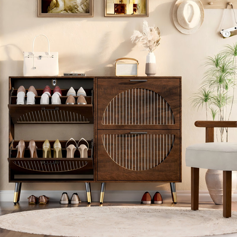 Shoe Cabinet With 4 Flip Drawers And Adjustable Shelves, Narrow Shoe Organizer With Fluted Panel, Freestanding Hidden Shoe Cabinet For Hallway