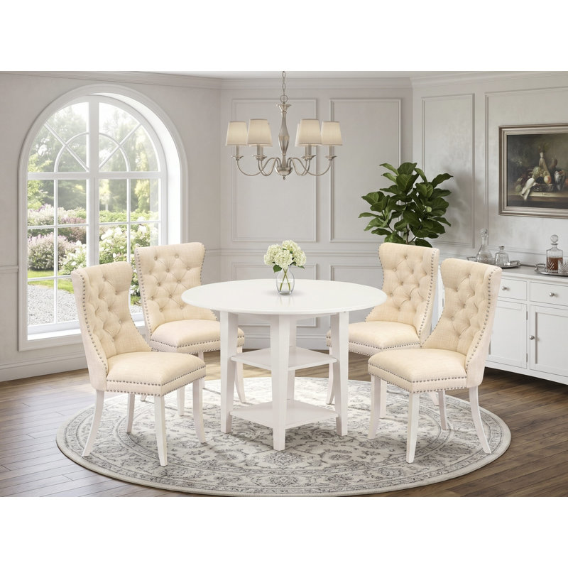 0AB1314A5BF24B68BEDB0253F3FA1715 Ensemble de salle à manger 5 pièces comprenant une table de cuisine ronde avec Dropleaf et tablettes et 4 chaises rembourrées, lin blanc
