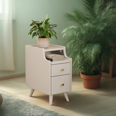 Solid Wood Nightstand With Drawers, Narrow Bedside Table For Small Spaces, Compact Bedroom And Dorm Furniture With Storage Cabinet