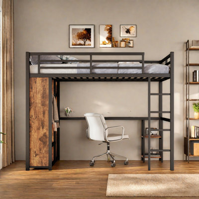 Structure de lit mezzanine grand format avec garde-robe intégrée, lit mezzanine en métal avec bureau et tablettes de rangement
