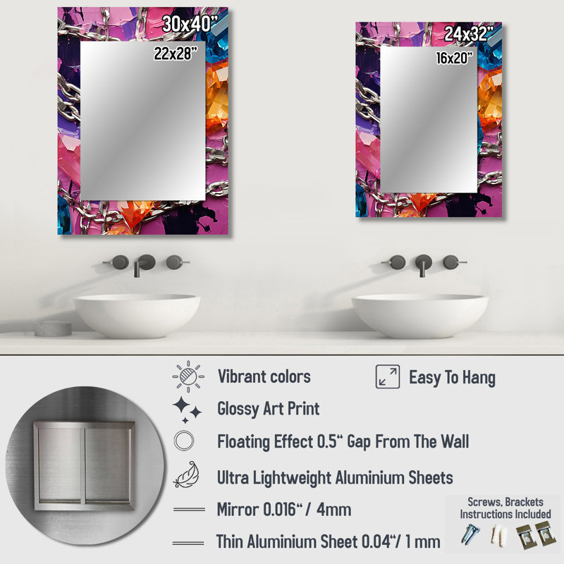 Rose et mauve abstrait chaîné - miroir abstrait, miroir mural décoratif moderne, impression d'art en métal, 32 po x 24 po