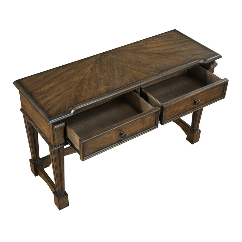 Console rectangulaire marron de style traditionnel avec 2 tiroirs à glissières à roulement et finition antique, 127 cm de longueur, style classique à placer derrière un meuble d'appoint.