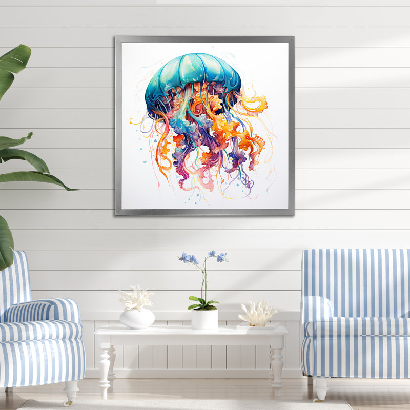 Orange et méduse bleue Jive IV - art mural méduse, Toile tendue, H 16 po x l 16 po x P 1 po