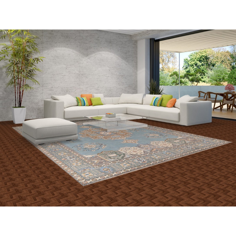 Tapis bleu clair à motif géométrique traditionnel 10 x 13
