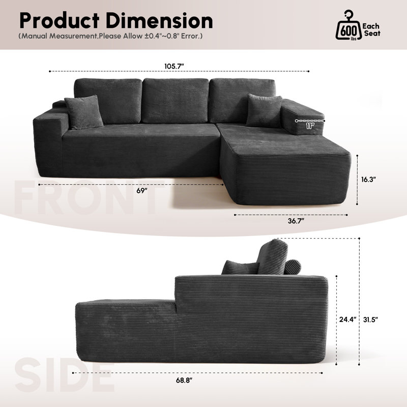 Sabit Boneless 2 - Piece Free Combination Sectional-No Assembly Required Compression Sofa, Right Hand Facing, Gray Corduroy