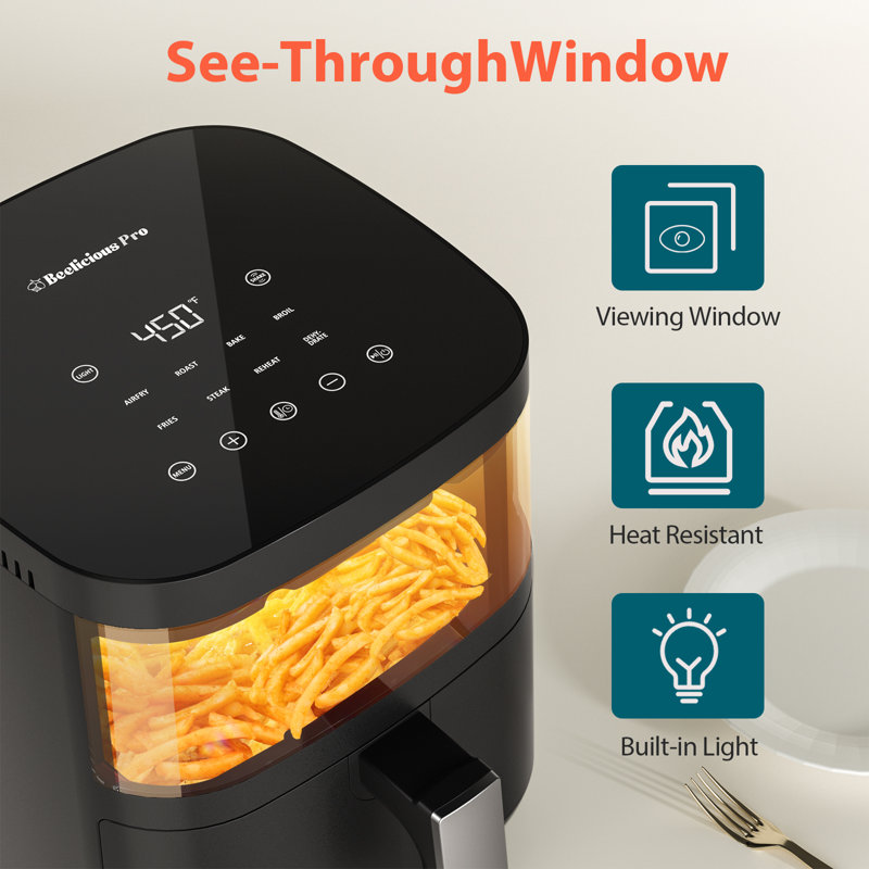 Friteuse à air 8-en-1 4 pte Beelorable, séchoir à air numérique 450F avec rappel de secousse, technologie Flavour-Lock, va au lave-vaisselle, pour 1 à 3 personnes, noir