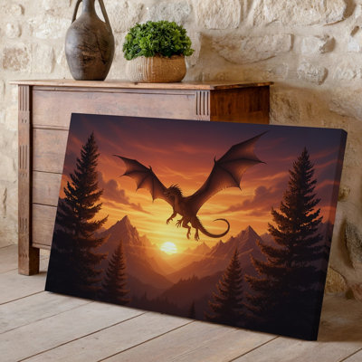 Toile, "Un dragon majestueux avec des ailes déployées qui s'envole contre un art dramatique au coucher du soleil"