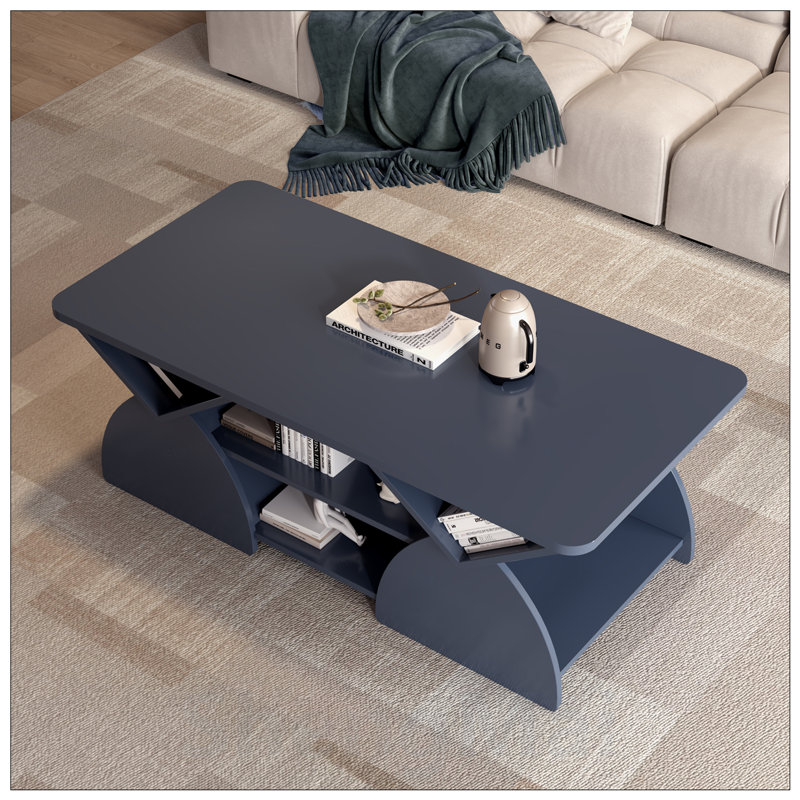 Table basse de coin rectangulaire en bois d'ingénierie avec tablettes ouvertes pour un assemblage facile et une conception géométrique moderne