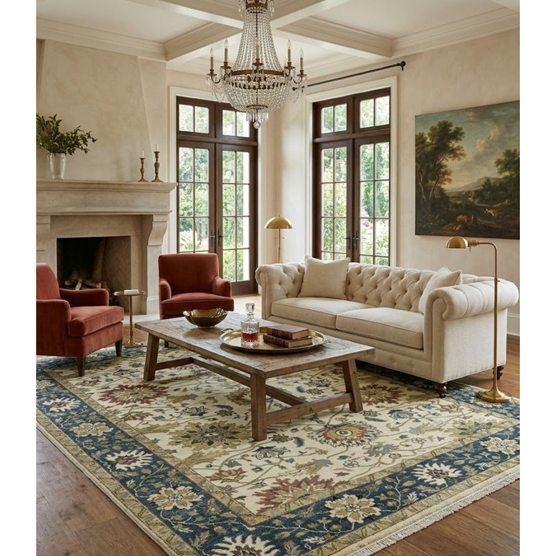 Tapis crème en laine noué à la main floral 8 pi x 9 pi 11 po Floral