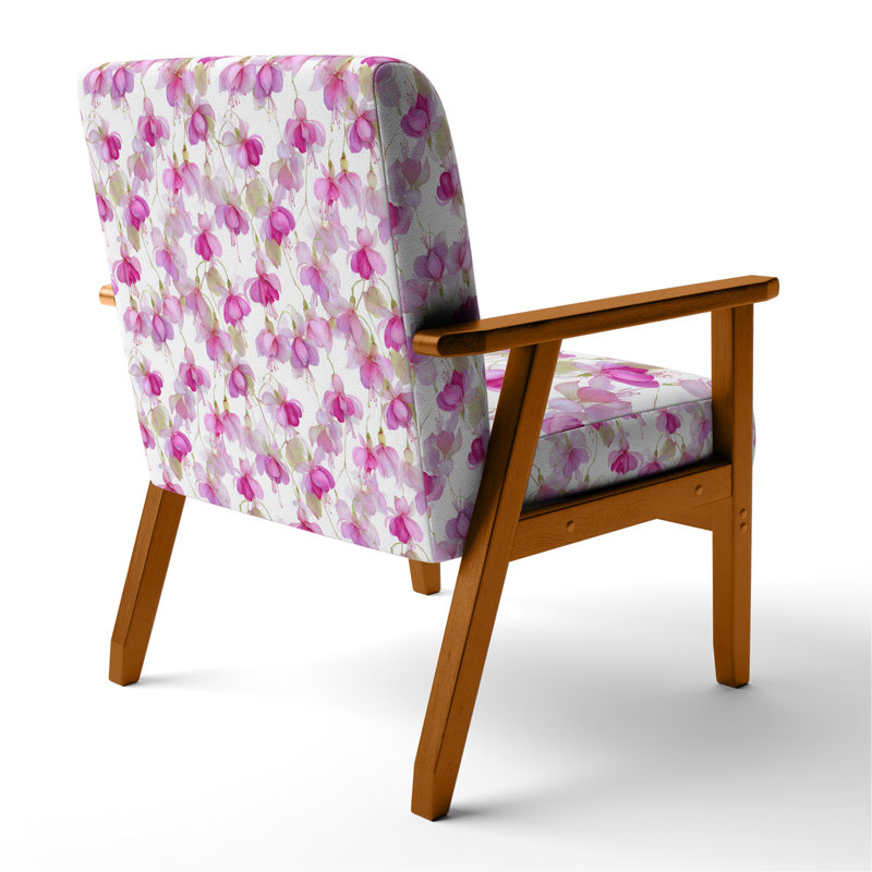 Chaise d'appoint Boho - Fauteuil rose pastel avec pétales fuchsia, Accoudoirs carrés bruns
