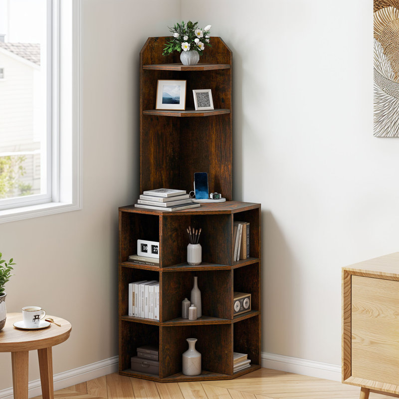 Edrosie Inc 5-Tier Corner Shelf With USB Ports & Outlets, Corner Bookshelf Storage Cabinet With 12 Cubby Spaces, Brown