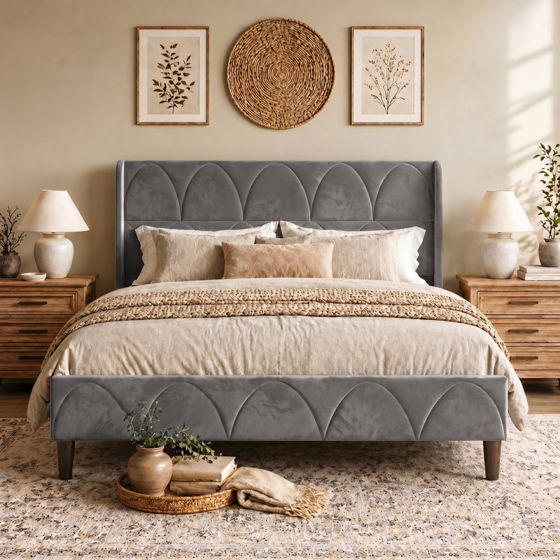Velvet Upholstered Bed with Wingback Headboard, Gray, King