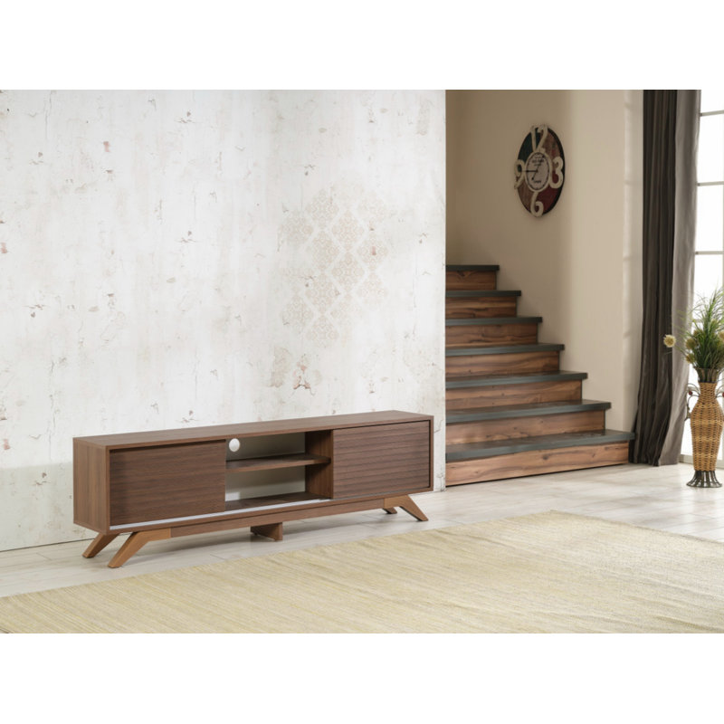 Kely Solid Wood 67'' W Storage Credenza TV Stand 2 Sliding Door Cabinet 2 Shelves, Walnut 1
