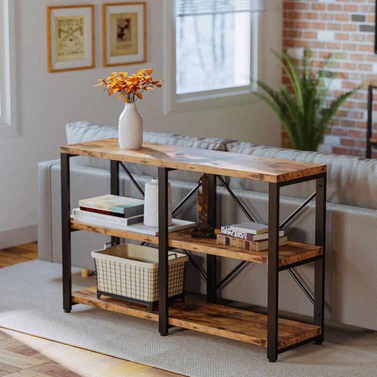 2 Drawers Industrial Console Table with Steel Frame for Small Space-Rustic Brown