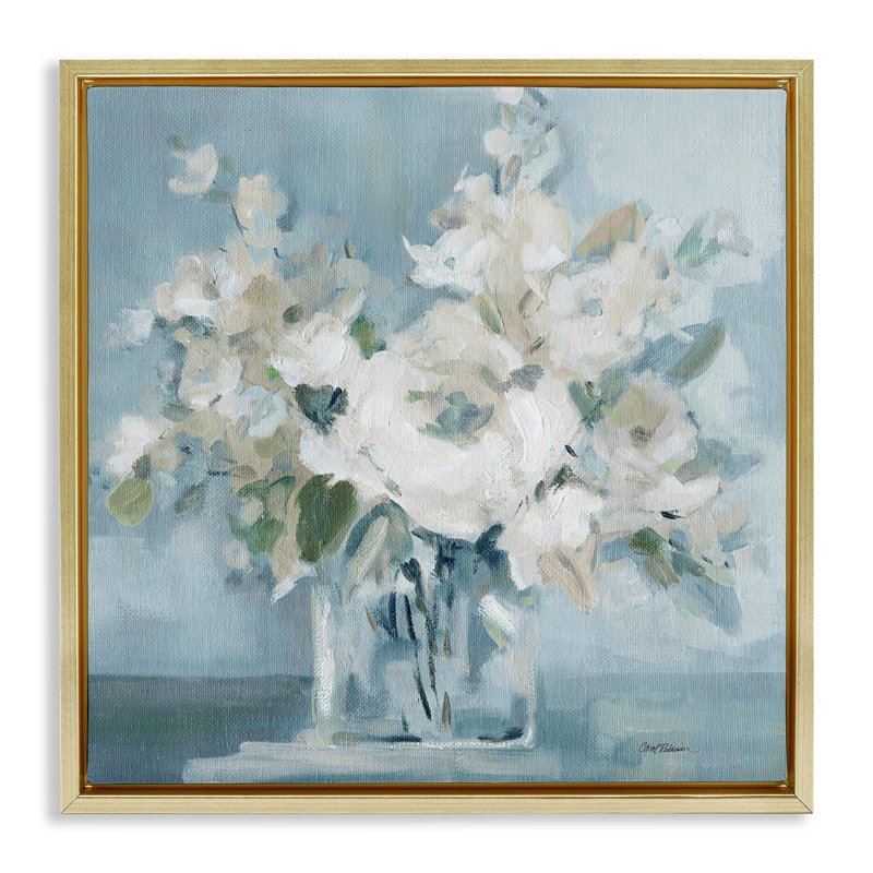 "Soft White Blossoms Vase", art mural encadré sur toile flottante par Carol Robinson, Cadre flottant métallique doré