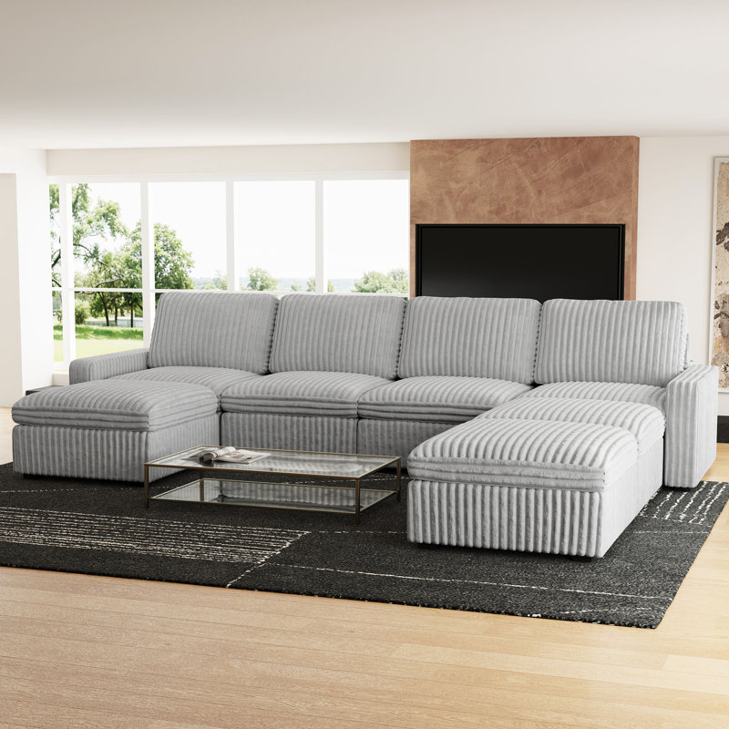 Wide U Shaped Sofa Storage Couch With Ottoman Chaise, Sectional Modular Sofa Livingroom Apartment Couch, Gray Corduroy