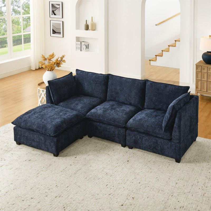 Canapé-lit modulaire convertible avec repose-pieds, canapé 3 places en L avec accoudoirs rembourrés Cloud Couch, canapé Cloud pour salon, appartement et bureau (bleu)