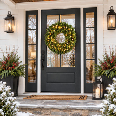 Couronne de Noël artificielle en épinette pré-illuminée de 91 cm (36 pouces) avec pointes de cèdre réalistes, lumières DEL blanc chaud à 8 modes et nœud décoratif