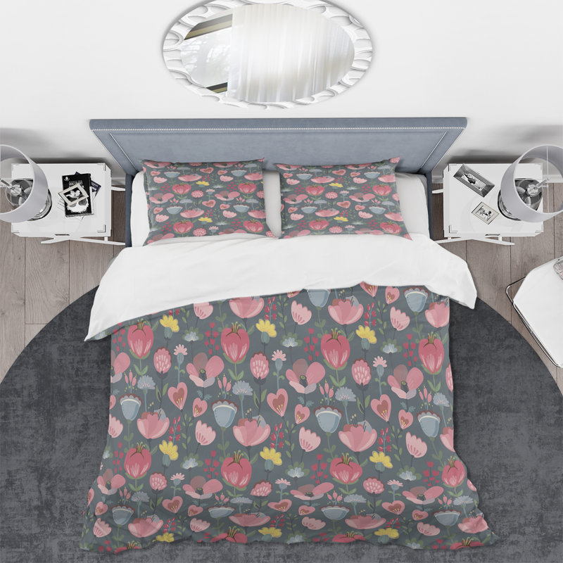 Ensemble de housse de couette en microfibre rose / jaune / gris Portlynn, Housse de couette très grand + 2 très grandes ta