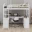 Lit mezzanine en bois avec bureau en U, compartiments de rangement et miroir à trois volets-345426777