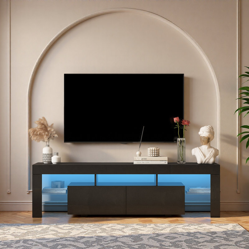 Meuble télé ultrabrillant avec lumières DEL pour téléviseur de 65 po ou moins, console de télévision moderne avec armoires de rangement pour le salon