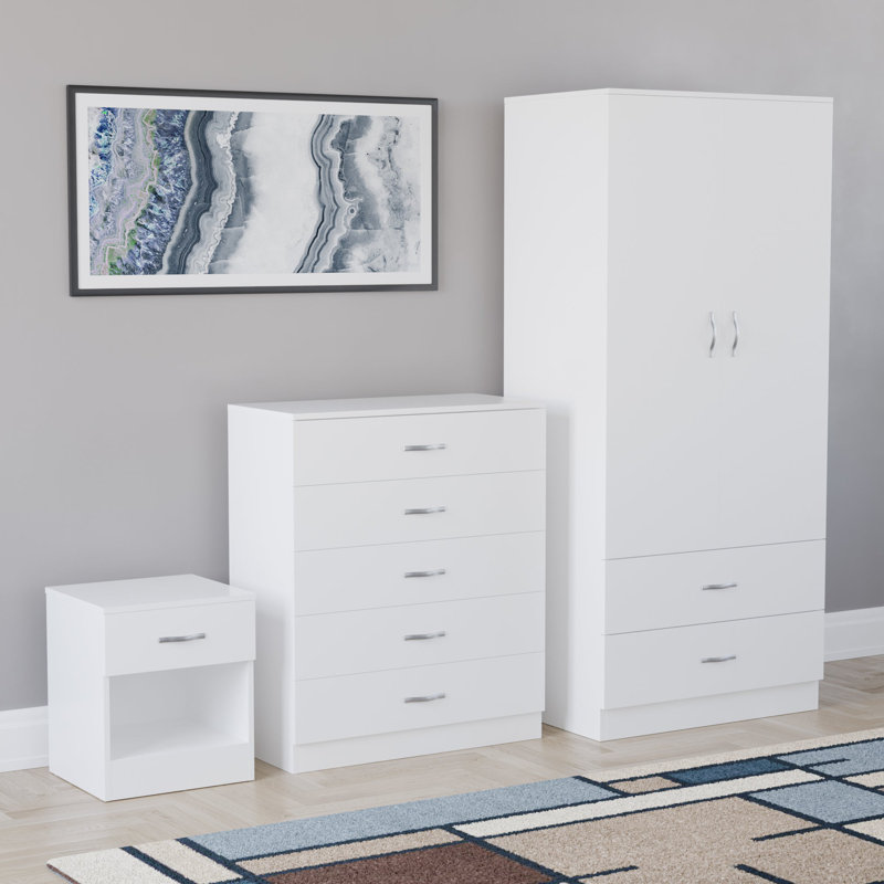 Maybery 3 Piece Bedroom Set (1 Drawer Bedside Chest, 5 Drawer Chest, 2 Door 2 Drawer Wardrobe), (4), White