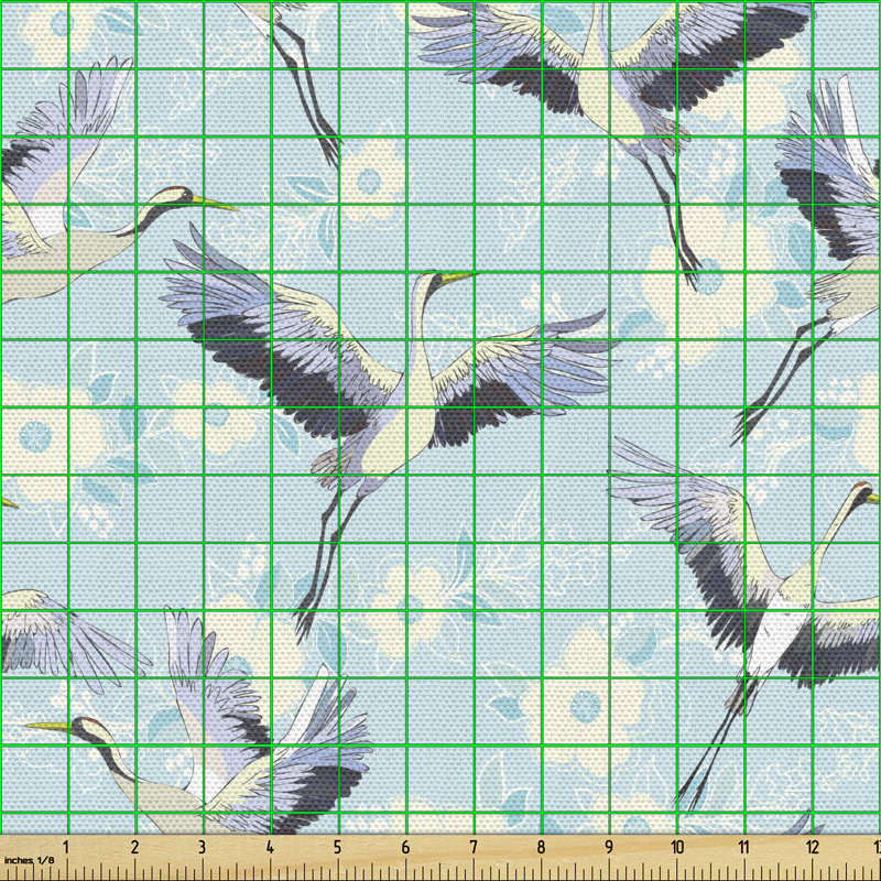 Cheron Repetitive Free Flying Crane Innocent Hand Drawn Flowers Multi-Purpose Fabric