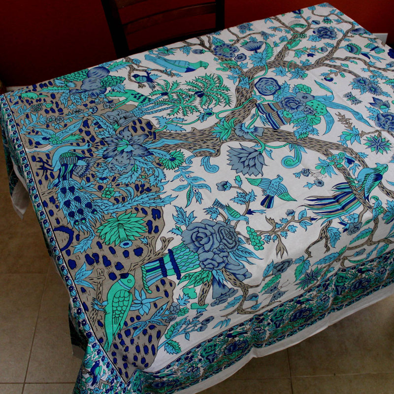 Nappe 100% coton Floral Tree of Life, Bleu turquoise