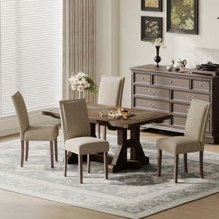 Vintage 6" Thick Seat Linen Parsons Dining Chairs with Nailhead Trim Solid Wood Legs