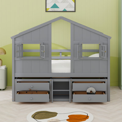 House Loft Bed With Roof, Windows,4 Storage Drawers,Guardrails,Ladder