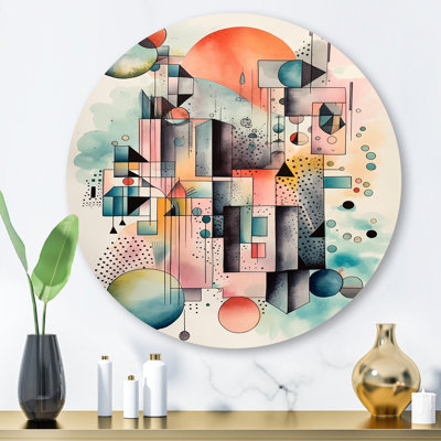«Blue and Orange Geometric Balance IV», art mural rond abstrait géométrique sur métal