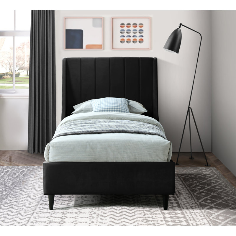 Eva Upholstered Low Profile Platform Bed, Twin, Black Velvet