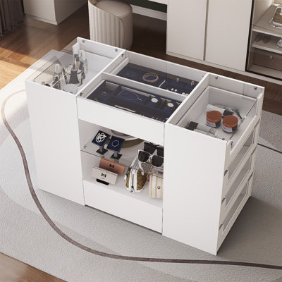 Closet Island With 12 Drawers, Wardrobe Armoire Island with Glass Top and Display Shelves, White