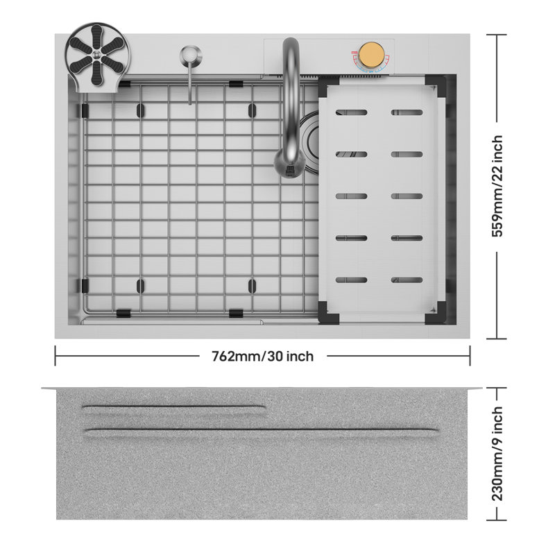 30 inch High-Quality Waterfall Kitchen Basin Set 304 Stainless Steel Single Bowl with Pull-Out Faucet Drain Assembly Chopping Board & Accessories Brushed Nickel Finish