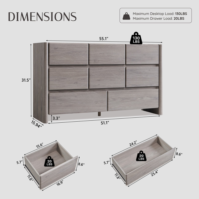 Commode 8 tiroirs Bolanos, 31.5" H x 55.1" W x 15.94" D, Gris